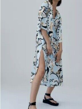 Zara Satin Long Line Maxi Bell Sleeve Pullover Midi Kaftan Mumu Slit Dress XL